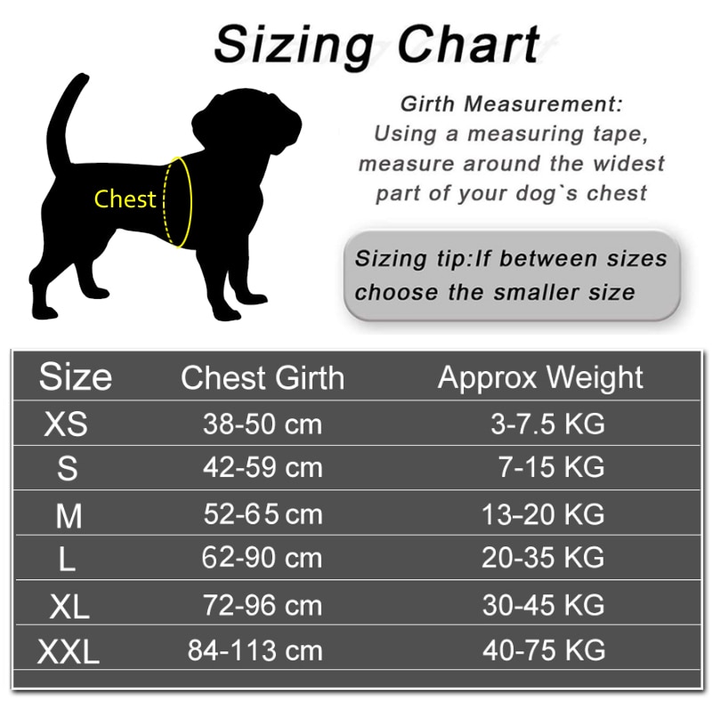 Size chart for dog harnesses