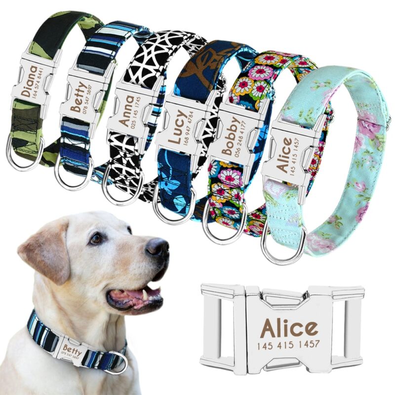 Personalized Nylon Dog Collar Custom Engraved ID Tag Safety Reflective Collars 