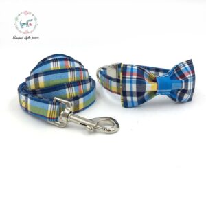 Casual Plaid Bow Tie Dog Collar with Matching Leash