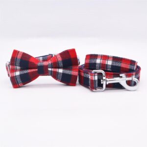 Red Plaid Bow Tie Dog Collar with Matching Leash